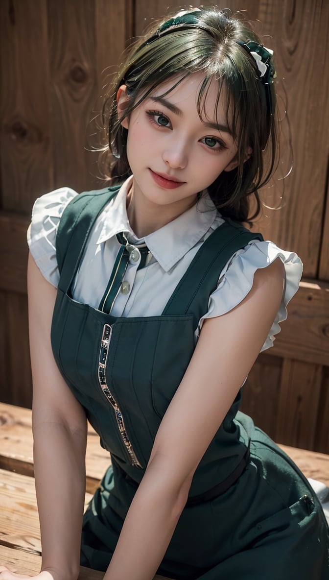 ((Top Quality, 8K, Masterpiece)), Highly Detailed, Sharp Focus, One Beautiful Woman, ((Deep Green Polar Apron: 1.4)), (Upstyle: 1.4), (Simple Collared Shirt: 1.4), Very detailed face and skin texture, ((fine grain)), ((beautiful dark eyes: 1.4)), (smile: 1.15), (mouth closed), cafe, cute girl