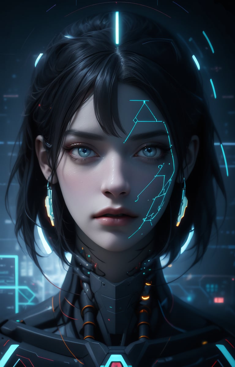 futuristic, mechanical, high tech, black and white grey, metallic, streamlined, complex structure, intricate details, geometric shapes, neon colors, electronic sounds, digital elements, abstract graphics, web, data interaction, virtual reality (skin glow), (highly detailed skin with visible pores), (luxurious decoration: 1.2), (colored eyes: 1.3), pretty. beautiful face. masterpiece, (((((best work of art))))), award winning work, award winning piece, intricate details, attention to detail, futuristic city, full body, futuristic cyber model, cinematic effects, cinematic feeling, surrealism, award winning portrait, realistic design for photo quality, (ultra high resolution, highest quality, reality), complex composition, jiyon,Jiyoung