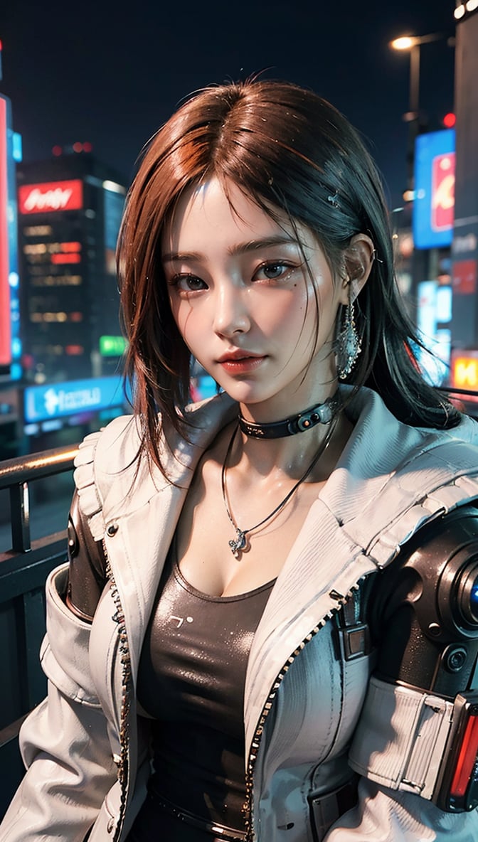 ((Top Quality)), ((Excellent)), (Highly Detailed: 1.3), 3D, Beautiful (Cyberpunk: 1.3) A hacker woman with orange and black dyed hair, wearing white clothing and looking into the camera
