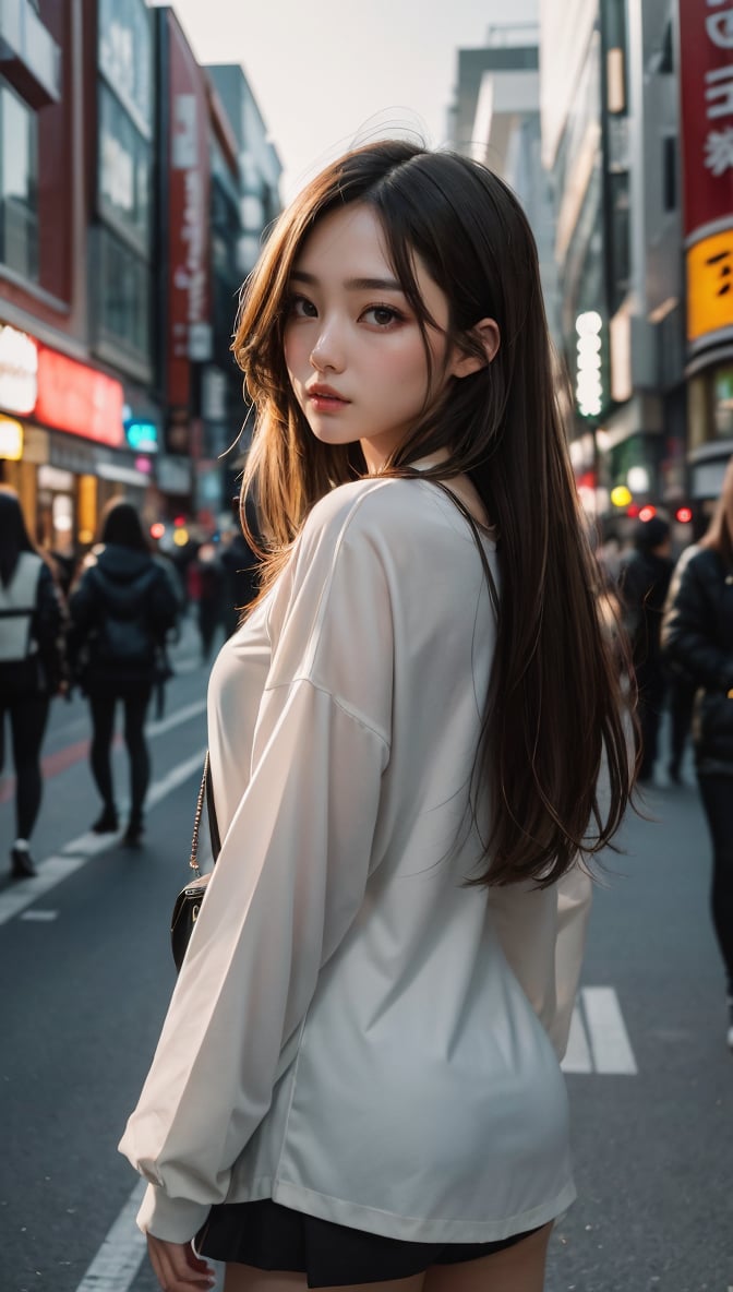 Masterpiece, high-definition viewer, JPNIODL's beautiful model, beautiful brown semi-long hair, amazing high resolution, wide-angle lens, 14mm lens, low angle, low-angle shot, detailed eyes, Harajuku, Takeshita Street, slope, cityscape at dusk, Adds 8K high resolution, instant poses, detailed backgrounds, Casual fashion, Tyndall effect, backlighting, hair detailing, detailed face, detailed nose, detailed mouth, detailed body, and hair details. and paint.
,Bomi,fashion