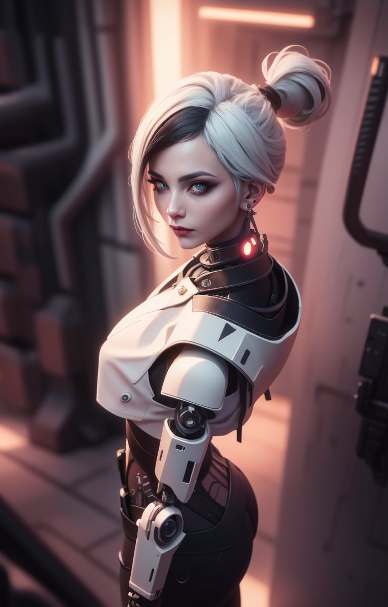 (Masterpiece, Best Quality, 1 Girl, Solo, Intricate Details, Chromatic Aberration), Real,, 2bTheEmpireStyle, White, White Cyborg Fashion Shot, Punk Warrior, ((Sigh)), (Sad Smile: 0.6), Long Hair, Black Hair , white headdress, pearl highlights, hair on one eye, yellow eyes, earrings, sharp eyes, , (symmetrical eyes), (perfectly symmetrical body), by the wall, fractal decoration staring at the viewer, Unreal Engine, ArtStation In trend, high-tech plastic,TheEmpireStyle,Maria