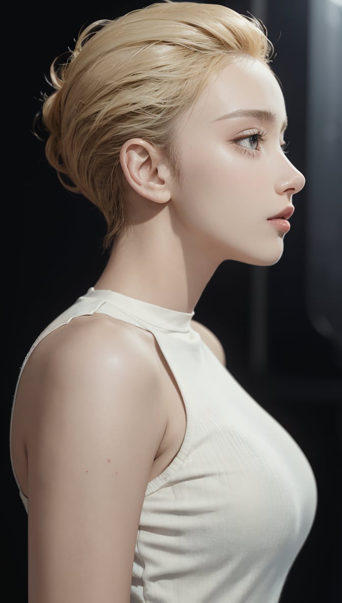 20 year old female, 1 girl, blonde hair, (High Top Fade: 1.3), asymmetrical hairstyle, dark theme, cyborg, mecha arm, tube, muted tones, muted colors, high contrast, (natural skin texture, hyperrealism, soft light, sharp), girl, big breasts, white dress, about to kiss, from the side, looking at viewer, looking away, earrings, choker, YoRHa Type A No. 2