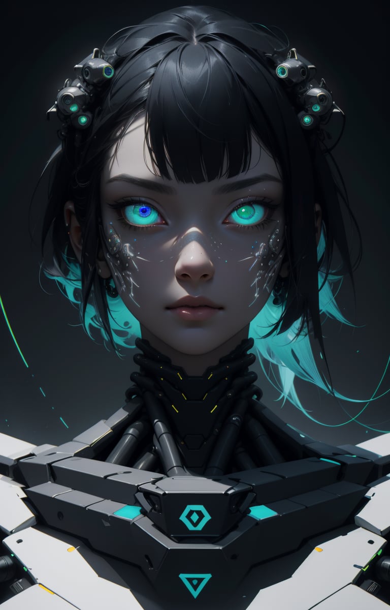 (Ultra-high resolution, highest quality, reality), futuristic, mechanical, high-tech, black and white grey, metallic, streamlined, complex structure, exquisite details, geometric shapes, neon colors, electronic sounds, digital elements, abstract graphics, web, data interaction, virtual reality (glowing skin), (highly detailed skin with visible pores), (luxurious decoration: 1.2), (colored eyes: 1.3), pretty. beautiful face. masterpiece, exquisite details, attention to detail, surrealism, award-winning portrait, realistic design for photo quality, intricate composition,NDP