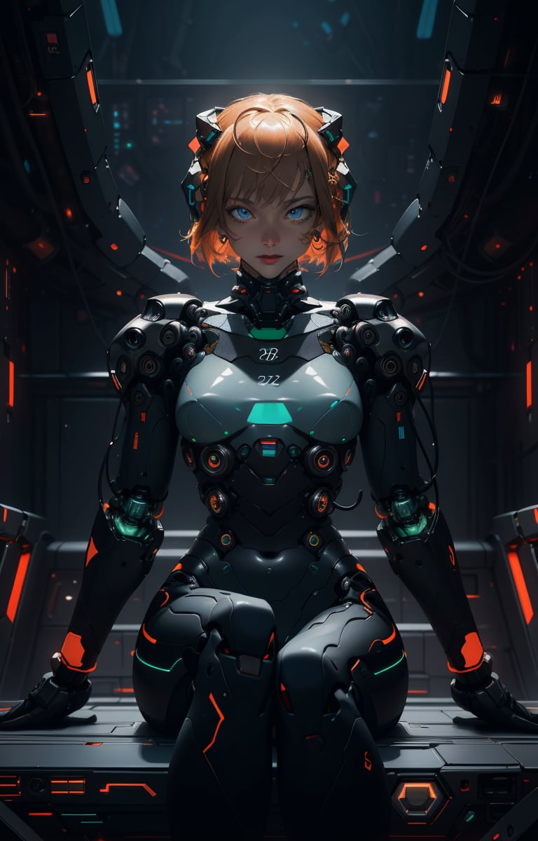 (Ultra High Resolution, Highest Quality, Reality), Futuristic, Mechanical, High Tech, Black and White Grey, Orange hair, Metallic, Streamlined, Complex Structure, Exquisite Details, Geometric Shapes, Neon Colors, Electronic Sounds, Female Pilot Sitting in Organic Cockpit, Cockpit, Digital Elements, Holographic Instruments, Abstract Graphics, Web, Data Interaction, Virtual Reality (Glowing Skin), (Highly Exquisite Skin with Visible Pores), (Luxurious Decoration: 1.2), (Colored Eyes: 1.3), Cute. Beautiful Face. Masterpiece, Exquisite Details, Attention to Detail, Surrealism, Random Angles, Dynamic Poses, Award Winning Portraits, Realistic Design for Photo Quality, Complex Composition, NDP, plugsuit, asuka plugsuit, 