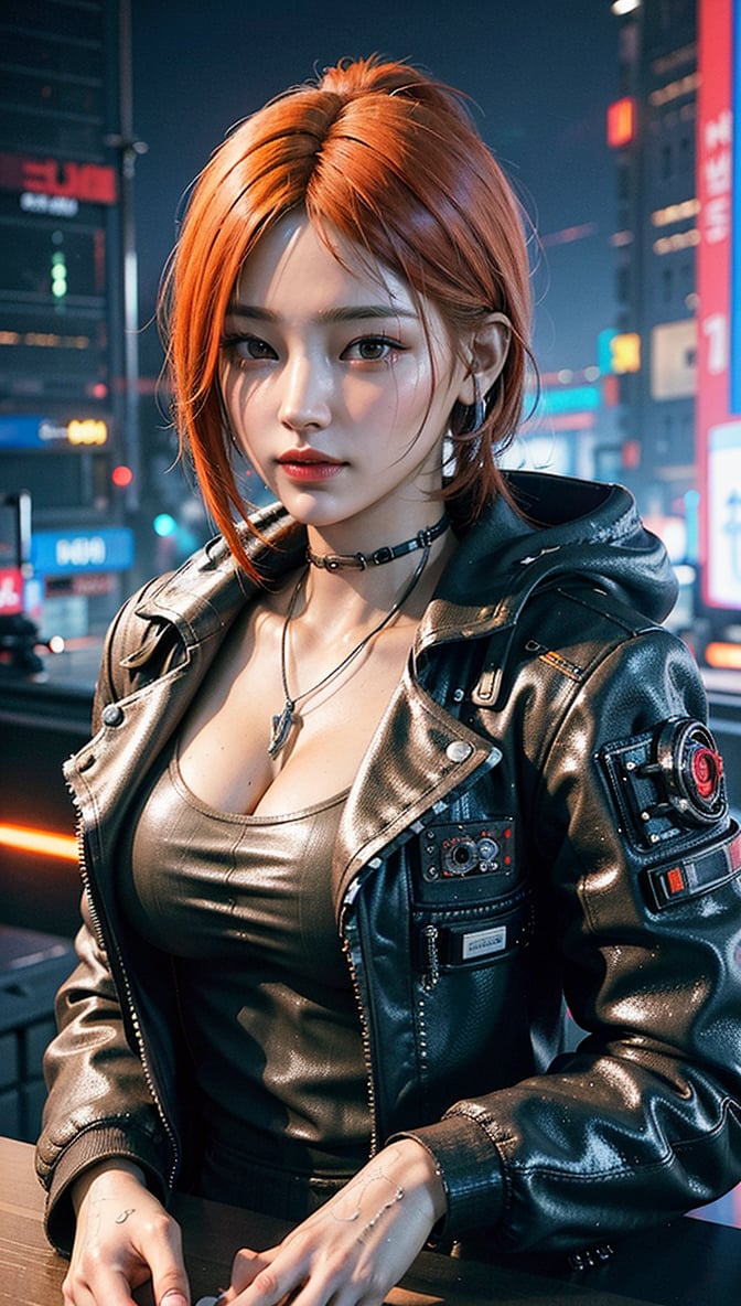 ((Top Quality)), ((Excellent)), (Highly Detailed: 1.3), 3D, Beautiful (Cyberpunk: 1.3) A hacker woman with orange and black dyed hair, wearing white clothing and looking into the camera
