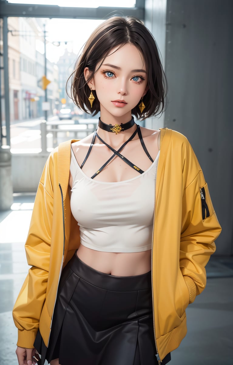 (Masterpiece, Best Quality, 1 Girl, Solo, Intricate Details, Chromatic Aberration, Realistic,) :1.4), yellow eyes, earrings, sharp eyes, choker, neon shirt, open jacket, crop top, (symmetrical eyes), (perfect symmetrical body), live house entrance, look at the viewer, 2b,beautylegs,school uniform ,CyberBlueMoon,lvdress