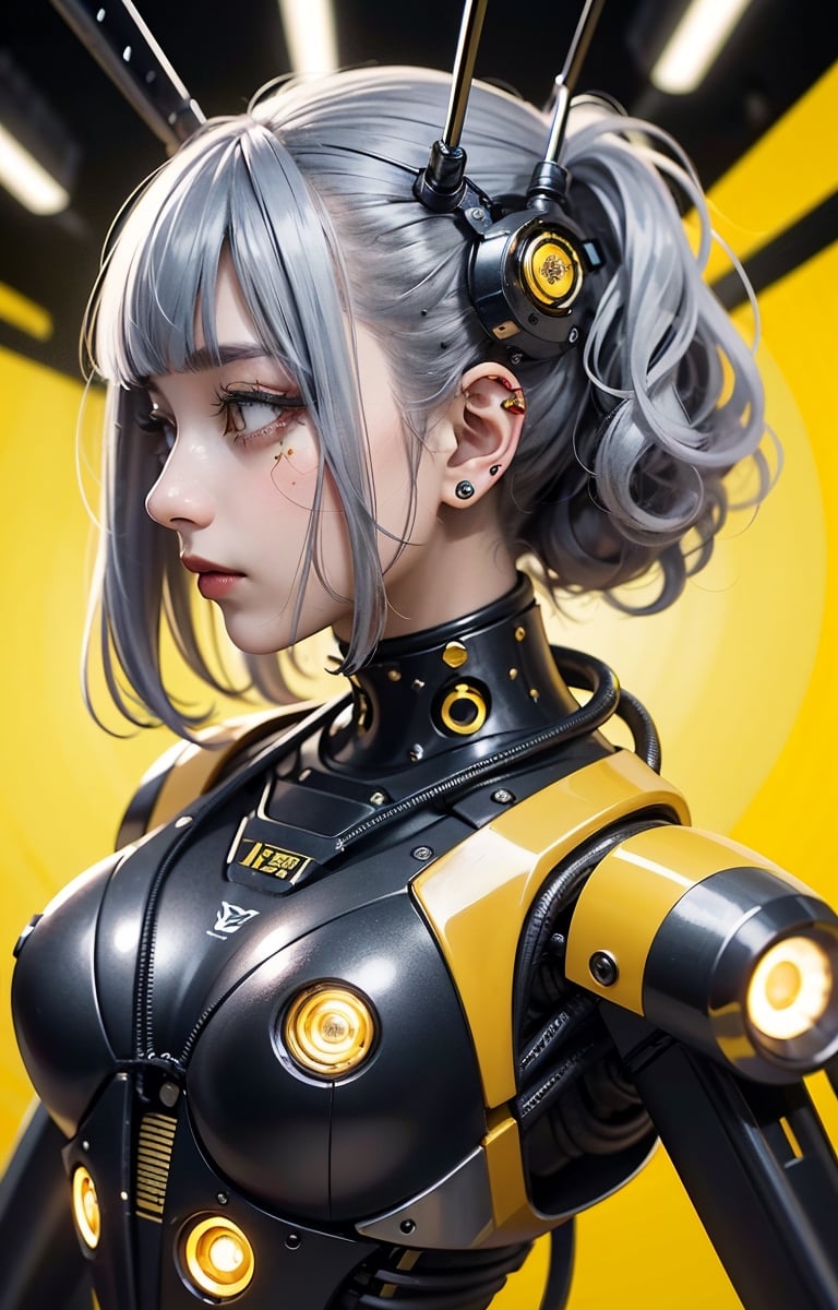 Profile picture, in front of a yellow wall, a disembodied Asian cyborg woman, dynamic pose, connected by cables, twisted cables and wires and LEDs, bodypunk PLC robot with attractive eyes, silver motor head, with ray gun, 80 degree field of view, art: Sergio Lopez, Natalie Schau, James Jean, Salvador Dali, (yellow background: 1.5)