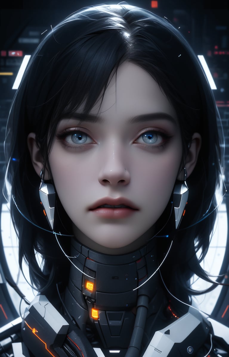 futuristic, mechanical, high tech, black and white grey, metallic, streamlined, complex structure, intricate details, geometric shapes, neon colors, electronic sounds, digital elements, abstract graphics, web, data interaction, virtual reality (skin glow), (highly detailed skin with visible pores), (luxurious decoration: 1.2), (colored eyes: 1.3), pretty. beautiful face. masterpiece, (((((best work of art))))), award winning work, award winning piece, intricate details, attention to detail, futuristic city, full body, futuristic cyber model, cinematic effects, cinematic feeling, surrealism, award winning portrait, realistic design for photo quality, (ultra high resolution, highest quality, reality), complex composition, jiyon,Jiyoung