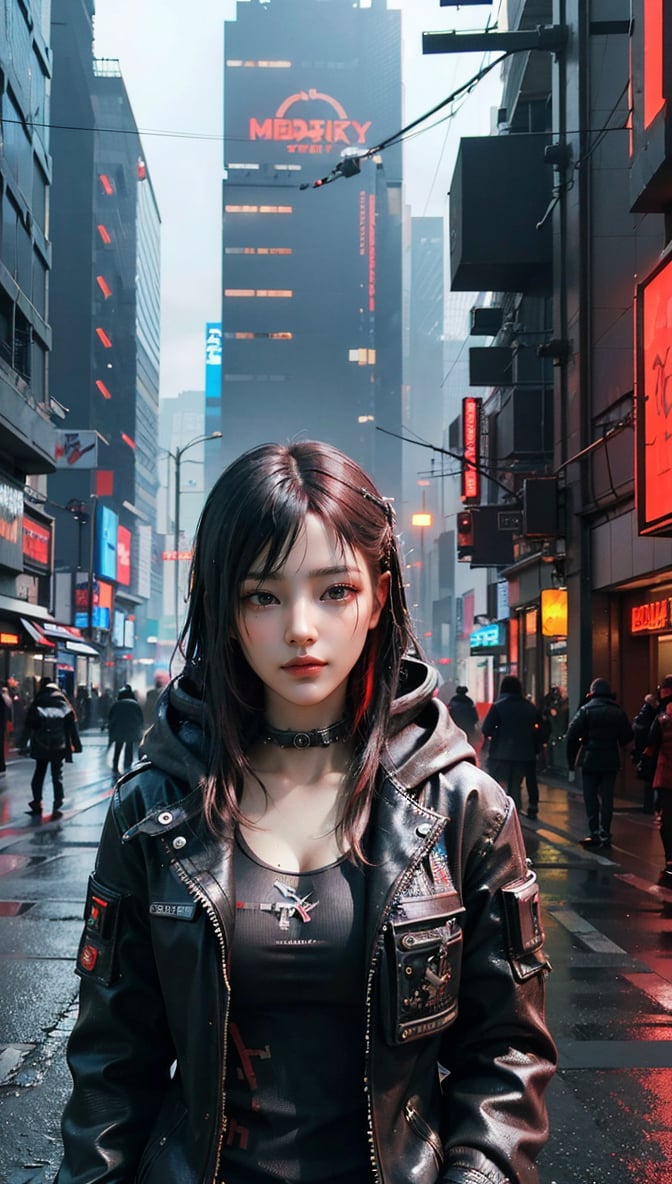 ((Top Quality)), ((Excellent)), (Very Detailed: 1.3), 3D, Beautiful (Cyberpunk: 1.3) A hacker woman with black and red dyed hair, wearing black clothing and looking at the camera
