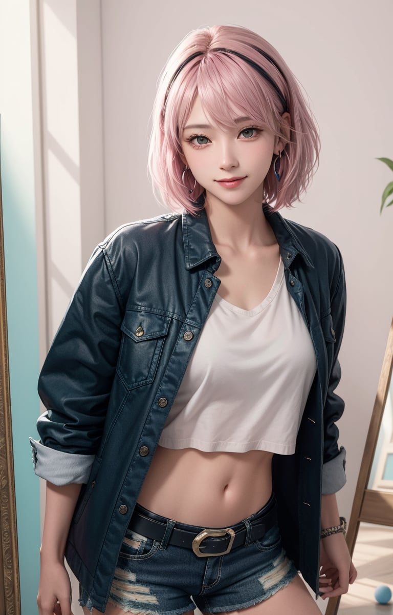 (masterpiece, raw photo, realistic, one girl, solo, real,) :1.4), plano general, whole body, Young age girl, kpop girl with faded cut dark pink hair and white earring in right ear, open jacket with dark blue shirts, Nice smile, ripped black shorts and a big buckled belt, painting background, pop star, He has a messy pink emo hairstyle. He has a normal Putt Putt Troll appearance overall.., (Pink and dark glass broken glass mirror background) , cyan colors, magenta, yellow green, violet,CyberBlueMoon,鄰家女孩,女孩