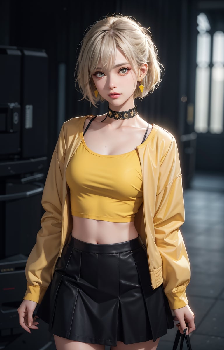 (Masterpiece, Best Quality, 1 Girl, Solo, Intricate Details, Chromatic Aberration, Realistic,) :1.4), yellow eyes, earrings, sharp eyes, choker, neon shirt, open jacket, crop top, (symmetrical eyes), (perfect symmetrical body), live house entrance, look at the viewer, 2b,beautylegs,school uniform ,CyberBlueMoon,lvdress