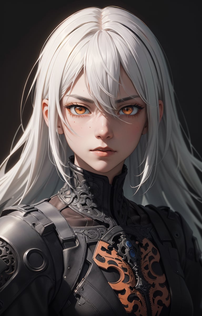 (Masterpiece, Best Quality, 1 Girl, Solo,style of Tsutomu Nihei,(incredibly absurdres, (high resolution:1.18), intricate detail, (masterpiece:1.1), (highest quality:1.1), absurdres) BREAK (1girl, solo, portrait, white hair, orange eyes, long hair, detailed eyes),