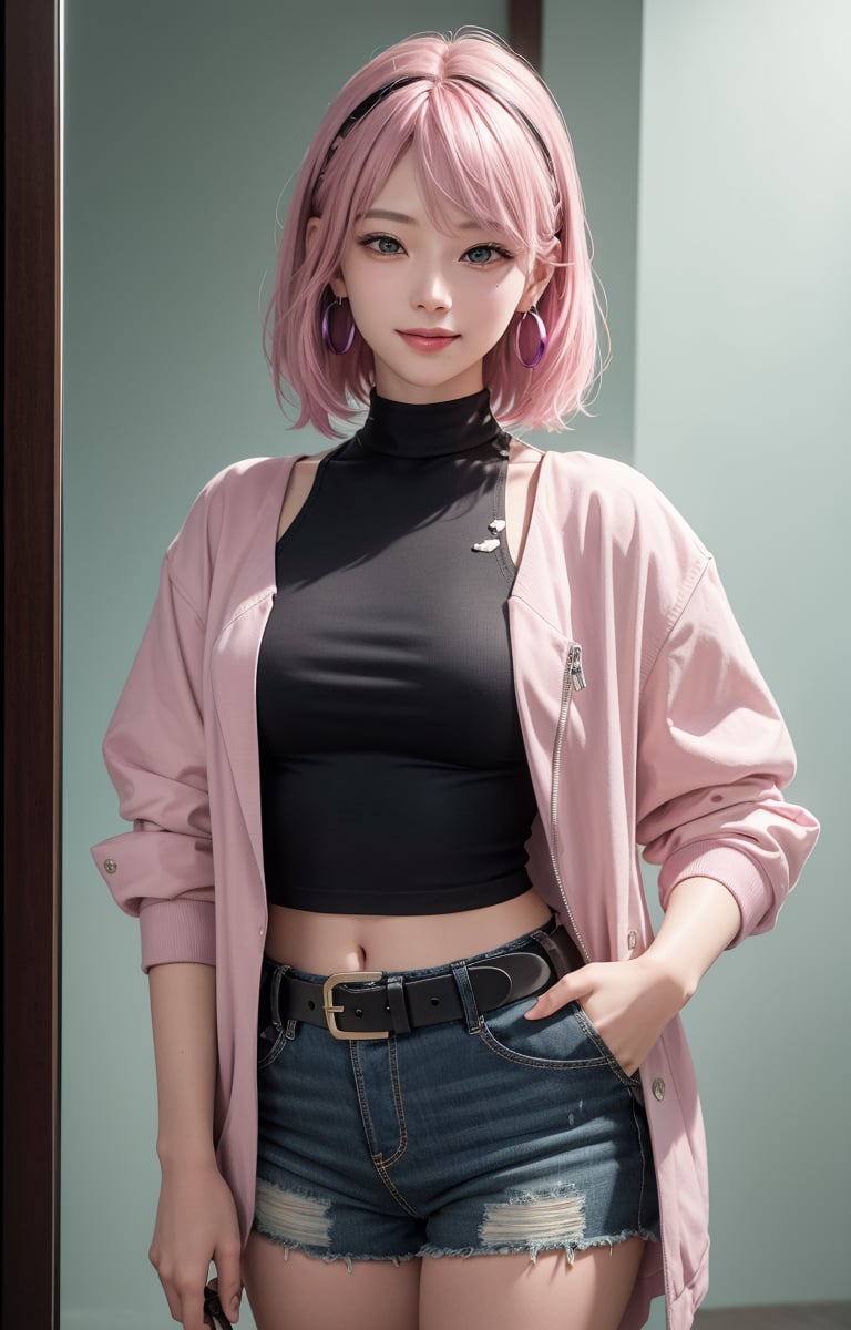 (masterpiece, raw photo, realistic, one girl, solo, real,) :1.4), plano general, whole body, Young age girl, kpop girl with faded cut dark pink hair and white earring in right ear, open jacket with dark blue shirts, Nice smile, ripped black shorts and a big buckled belt, painting background, pop star, He has a messy pink emo hairstyle. He has a normal Putt Putt Troll appearance overall.., (Pink and dark glass broken glass mirror background) , cyan colors, magenta, yellow green, violet,CyberBlueMoon,鄰家女孩,女孩