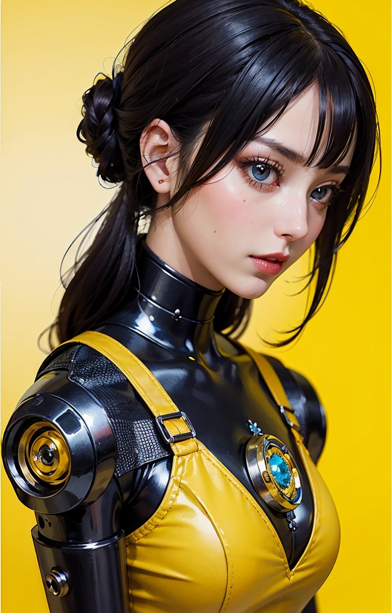 profile photo, in front of the yellow wall, Asian cyborg woman without body, connected by cable, Twisted cable and wire and LED, Charming eyes bodypunk PLC robot、silver motor head, with ray gun, 80 degree field of view, art by：sergio lopez, natalie shau, James Jean and Salvador Dali, (Yellow background:1.5),lvdress,Japan Hime_cut style,AliceMadness