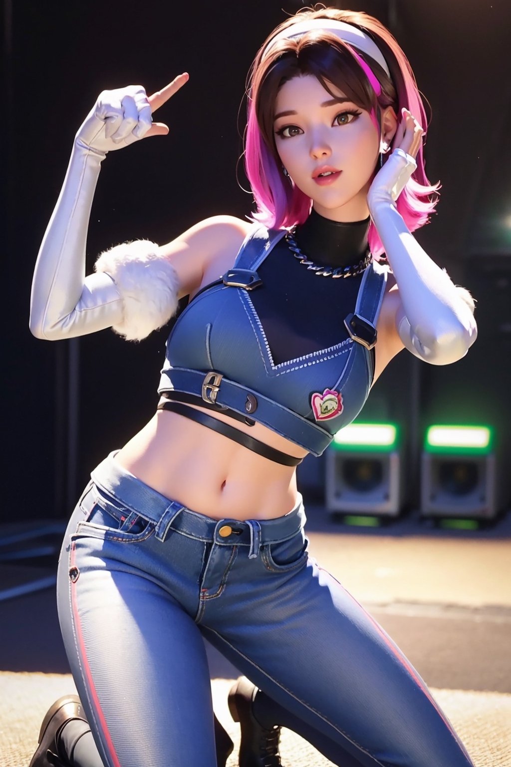 3D, CGI, render, realistic, 8k high definition detailed realistic, (best quality, masterpiece:1.2),photon mapping, radiosity, physically-based rendering, best quality, highly detailed, 1girl, looking at viewer, multicolored hair, white gloves, fingerless gloves, white hairband, denim croptop, denim pants, white boots,   dvakpop , concert stage,  ,aahana, long hair,Dva,Overwatch ,D.va, dinamic_pose, (dinamic_pose), brown hair,d.va ,,long hair,Dva 