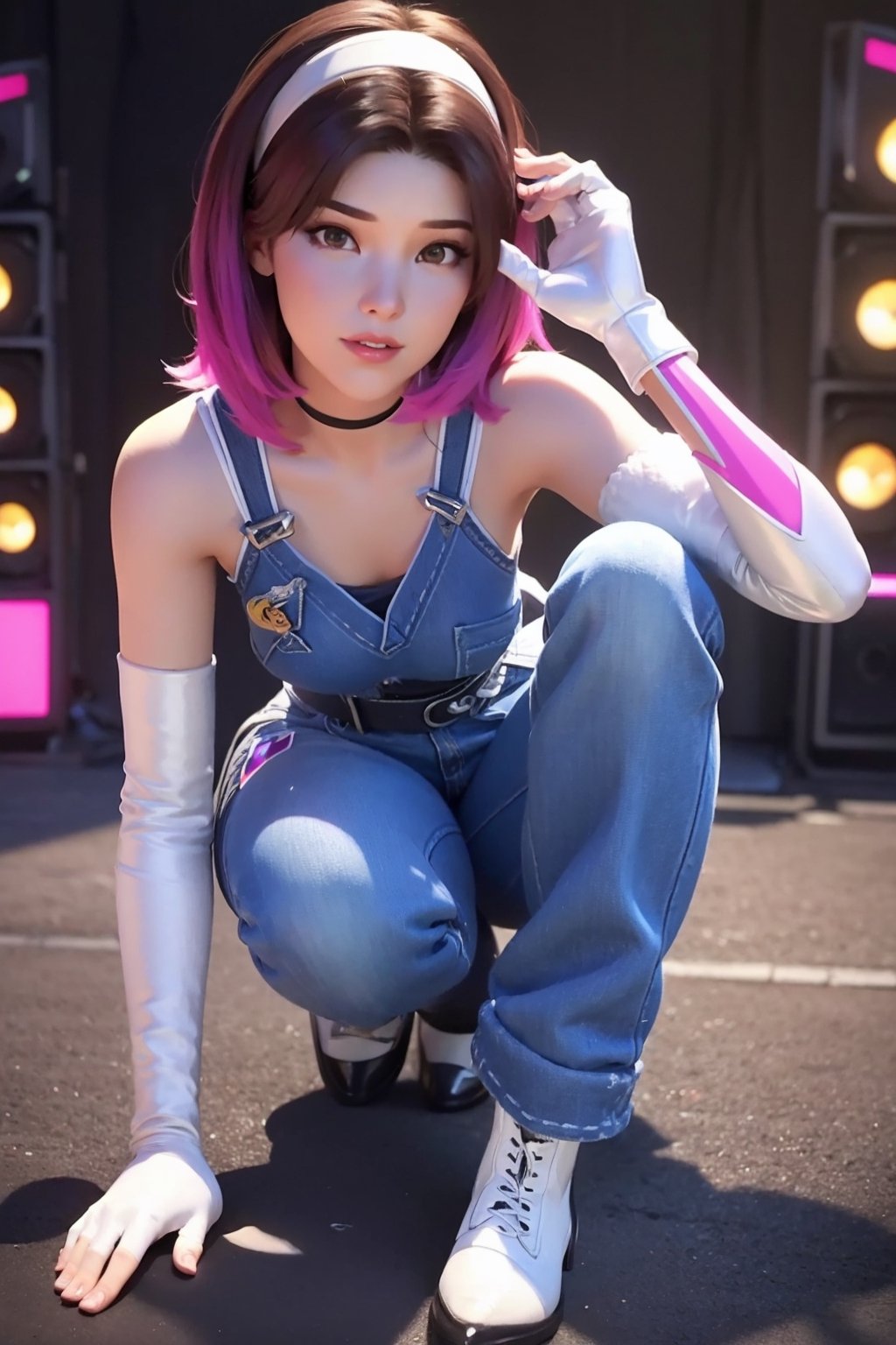 3D, CGI, render, realistic, 8k high definition detailed realistic, (best quality, masterpiece:1.2),photon mapping, radiosity, physically-based rendering, best quality, highly detailed, 1girl, looking at viewer, multicolored hair, white gloves, fingerless gloves, white hairband, denim croptop, denim pants, white boots,   dvakpop , concert stage,  ,aahana, long hair,Dva,Overwatch ,D.va, dinamic_pose, (dinamic_pose), brown hair,d.va ,,long hair,Dva 