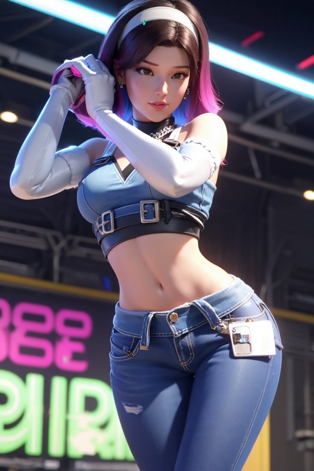 3D, CGI, render, realistic, 8k high definition detailed realistic, (best quality, masterpiece:1.2),photon mapping, radiosity, physically-based rendering, best quality, highly detailed, 1girl, looking at viewer, multicolored hair, white gloves, fingerless gloves, white hairband, denim croptop, denim pants, white boots,   dvakpop , concert stage,  ,aahana, long hair,Dva,Overwatch ,D.va, dinamic_pose, (dinamic_pose), brown hair,d.va ,,long hair,Dva 