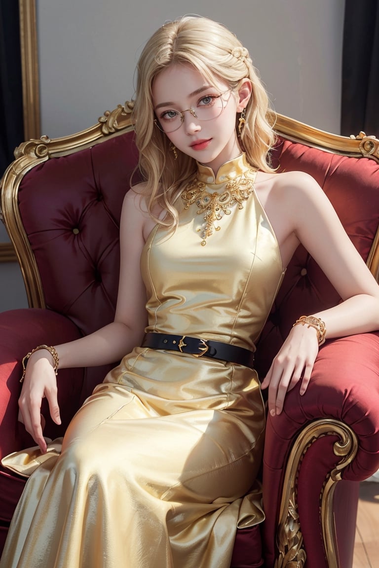 8k high quality photorealistic, masterpiece, best quality,  photo, intricate detail, at summer,
european 20yo-1girl, detailed smooth soft pale skin, detailed face, blond medium curl hair, light-smile, medium breasts, wearing Simple glasses, gold bracelet, gold earing, (white and golden colour dress), black thin belt,, (relax on chair),