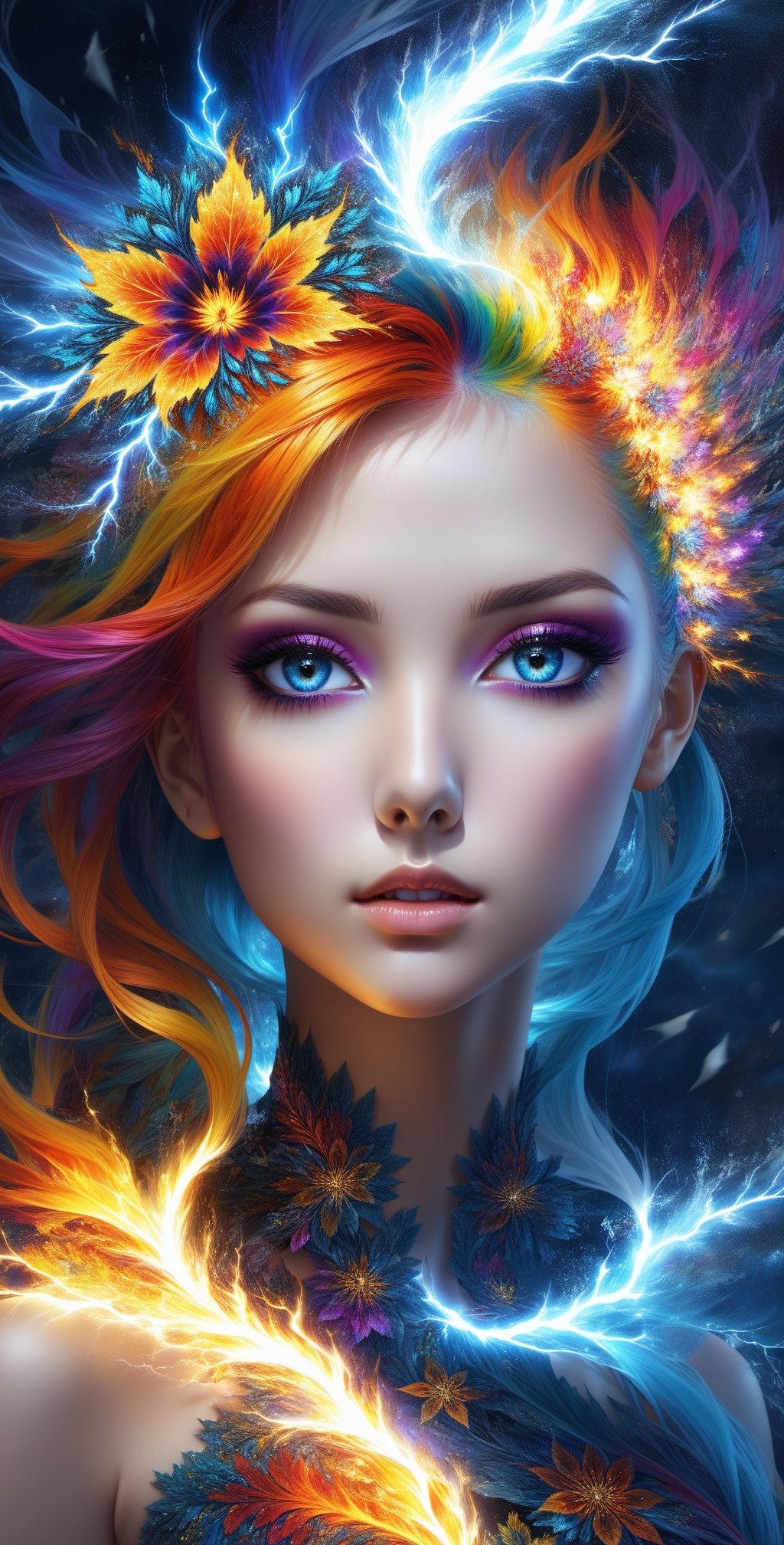 (masterpiece, top quality, best quality, official art, beautiful and aesthetic:1.2), (1girl), extreme detailed,(abstract, fractal art:1.3),colorful hair,highest detailed, detailed_eyes, fire, water,flower, ice, lightning, light_particles, ghost,more detail XL, upper body,