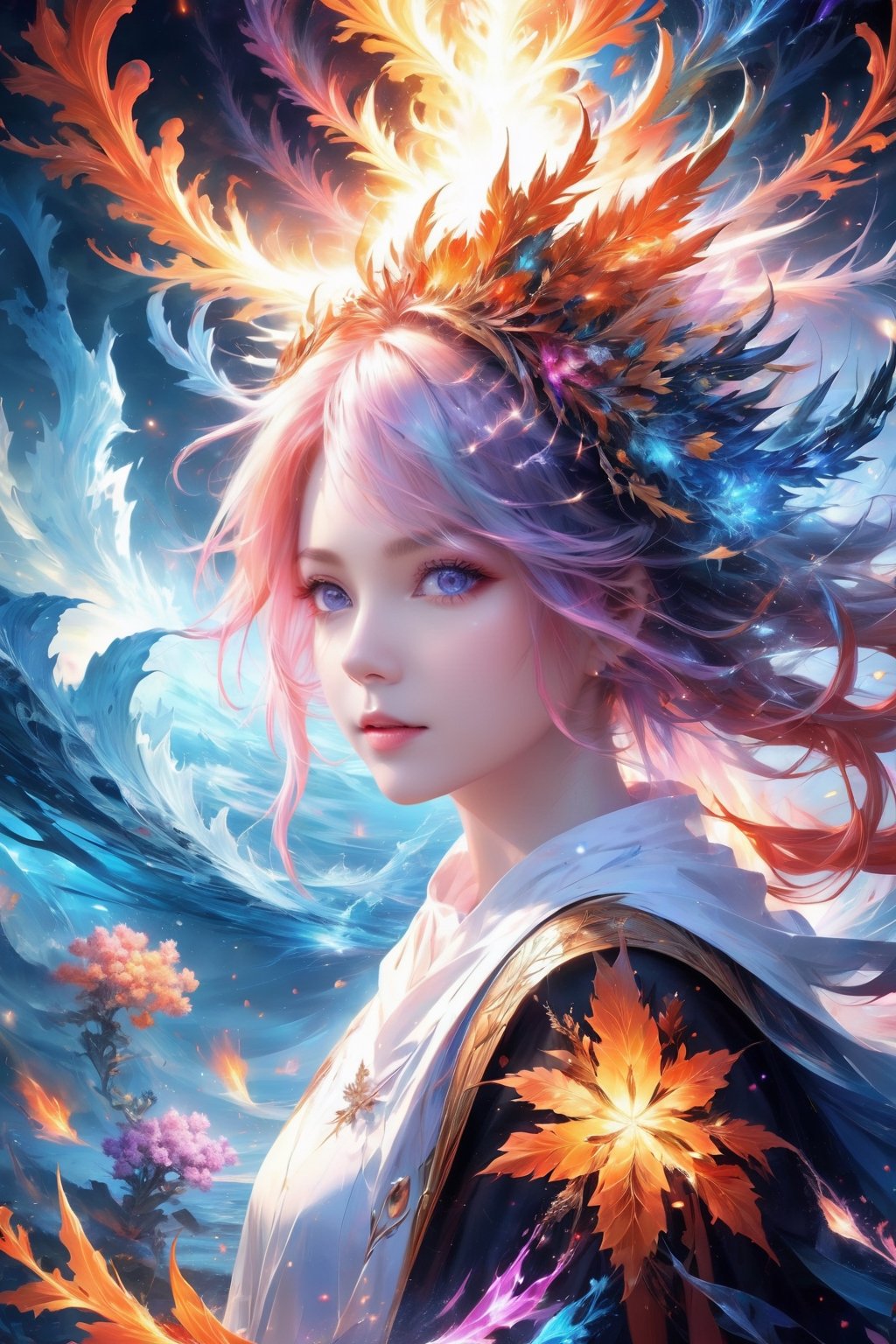 (masterpiece, top quality, best quality, official art, beautiful and aesthetic:1.2), (1girl), extreme detailed,(abstract, fractal art:1.3),colorful hair,highest detailed, detailed_eyes, fire, water,flower, ice, lightning, light_particles, ghost,