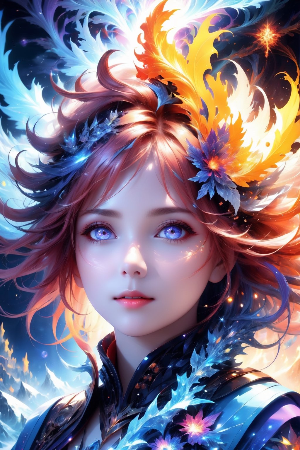 (masterpiece, top quality, best quality, official art, beautiful and aesthetic:1.2), (1girl), extreme detailed,(abstract, fractal art:1.3),colorful hair,highest detailed, detailed_eyes, fire, water,flower, ice, lightning, light_particles, ghost,more detail XL, upper body,