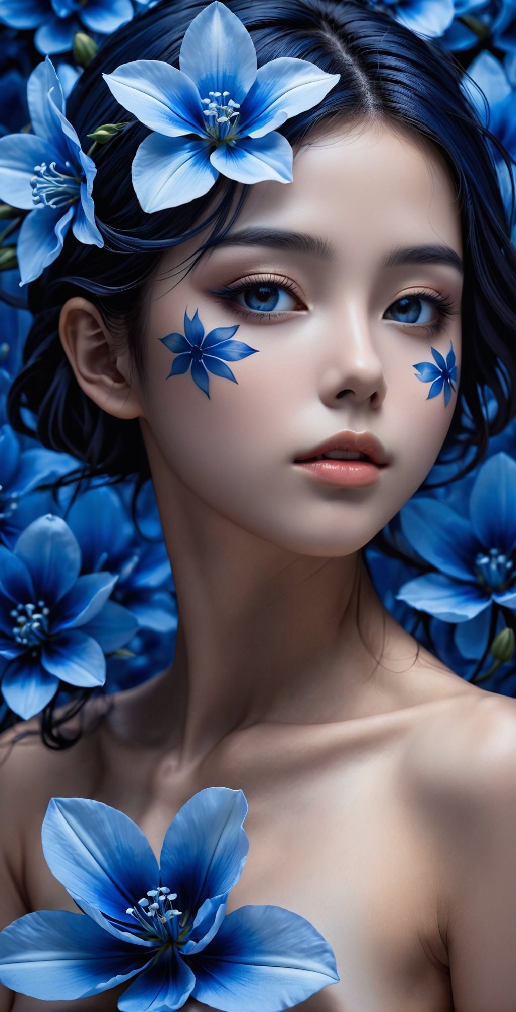 a beautiful picture of a naked girl with blue flowers on her face, in the style of monochromatic paintings, dark sky-blue and dark navy, dark sky-blue and dark white, multilayered realism, luminous shadowing, anime-inspired, elegant outlines, 
realistic and highly defined (((little))) breasts,
(full body view):1.5, (view from below):1.5, (sitting):1.5,
(sitting with legs wide apart):1.5