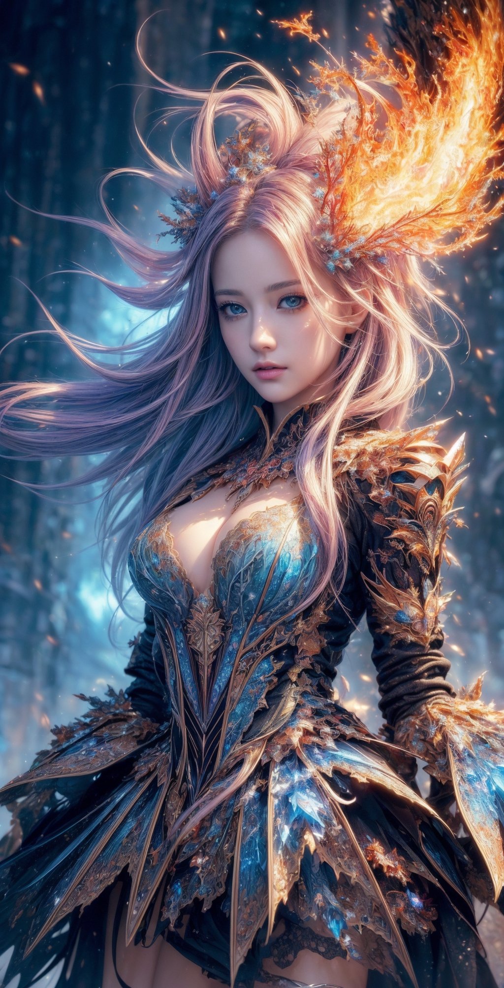 (masterpiece, top quality, best quality, official art, beautiful and aesthetic:1.2), (1girl), extreme detailed,(abstract, fractal art:1.3),colorful hair,highest detailed, detailed_eyes, fire, water, ice, lightning, light_particles, ghost sexy battle dress ,beatiful lines,resolute eyes