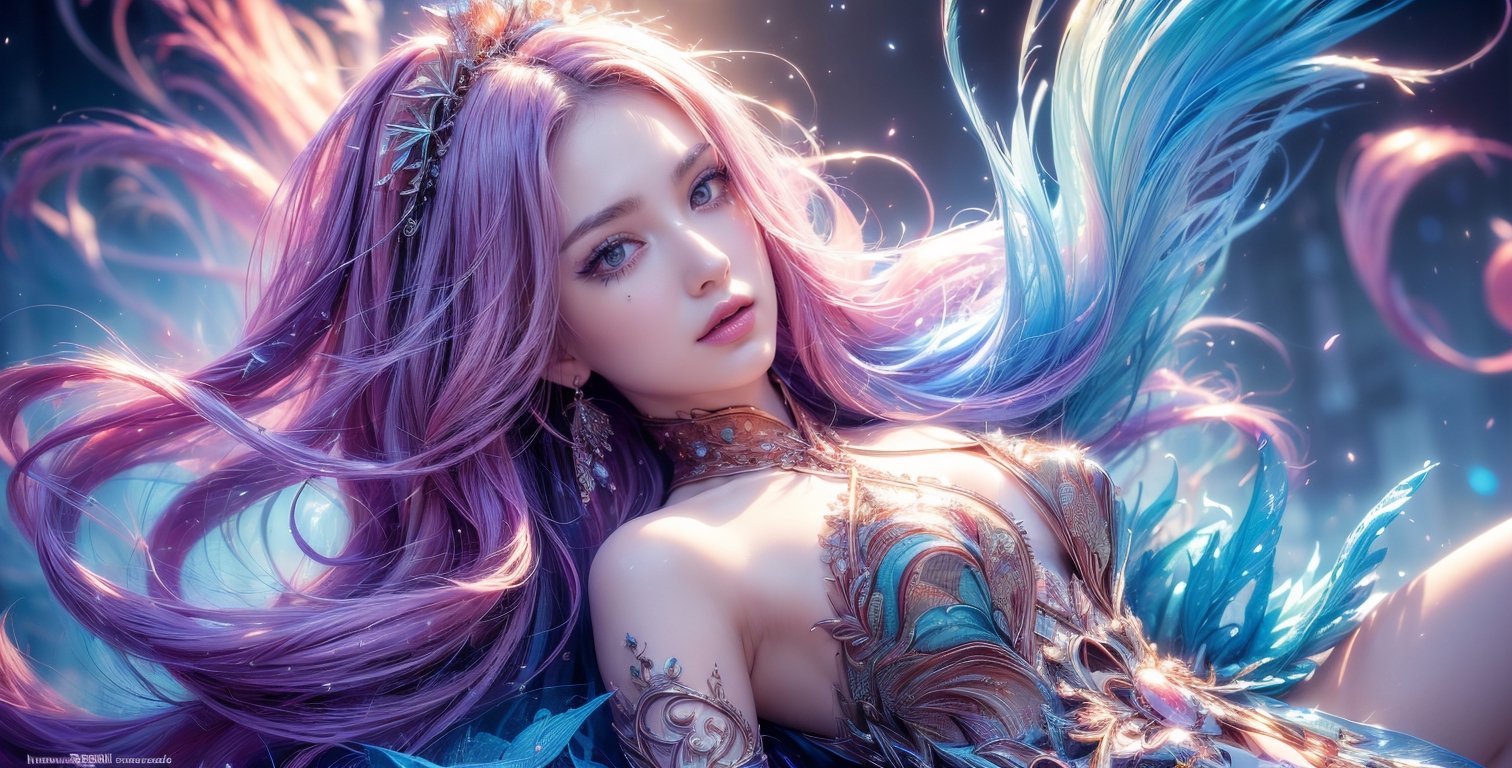 (masterpiece, top quality, best quality, official art, beautiful and aesthetic:1.2), (1girl), extreme detailed,(abstract, fractal art:1.3),colorful hair,highest detailed, detailed_eyes, fire, water, ice, lightning, light_particles, ghost sexy battle dress ,beatiful lines,resolute eyes,flower,detailed face, detailed eyes,GdClth