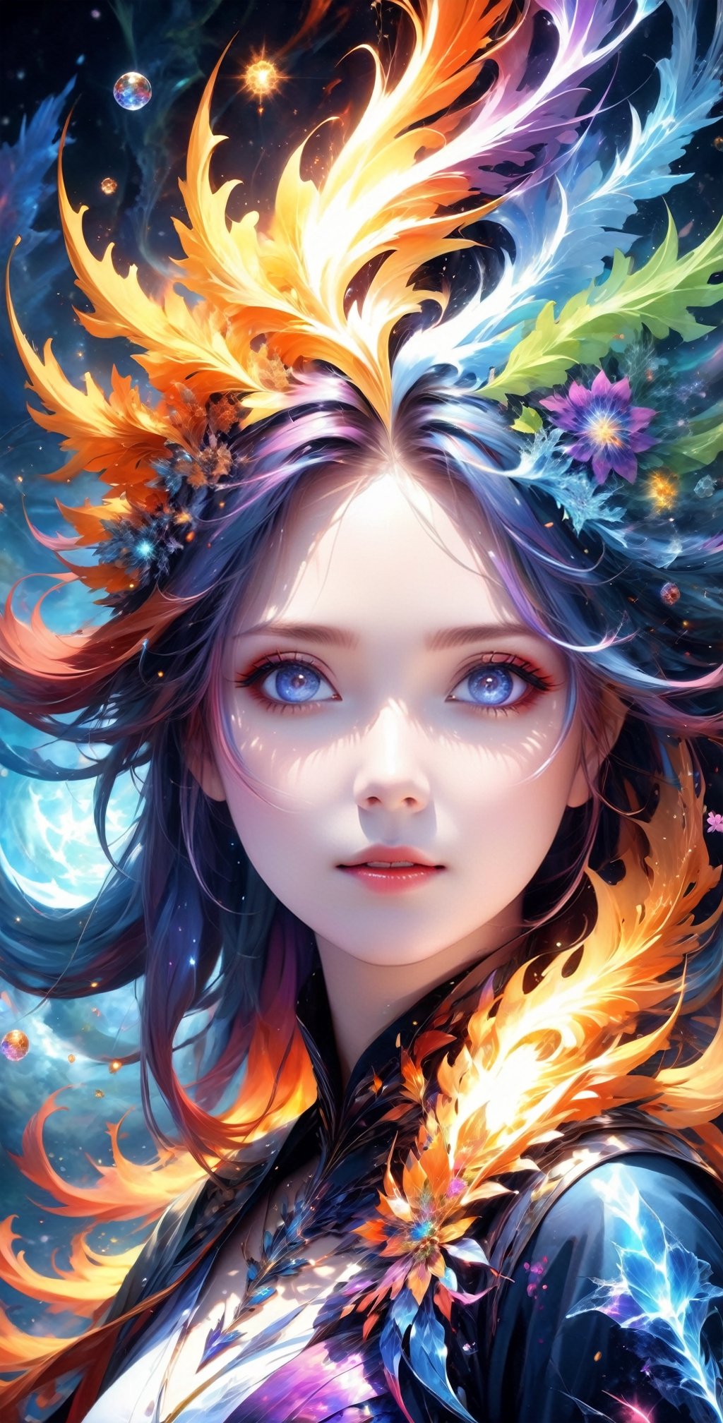 (masterpiece, top quality, best quality, official art, beautiful and aesthetic:1.2), (1girl), extreme detailed,(abstract, fractal art:1.3),colorful hair,highest detailed, detailed_eyes, fire, water,flower, ice, lightning, light_particles, ghost,more detail XL