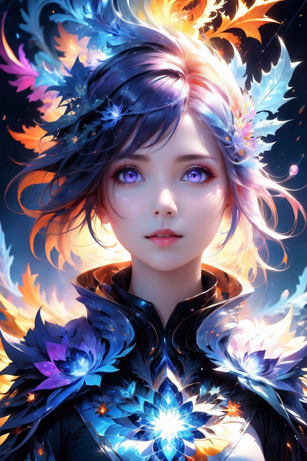 (masterpiece, top quality, best quality, official art, beautiful and aesthetic:1.2), (1girl), extreme detailed,(abstract, fractal art:1.3),colorful hair,highest detailed, detailed_eyes, fire, water,flower, ice, lightning, light_particles, ghost,more detail XL, upper body,