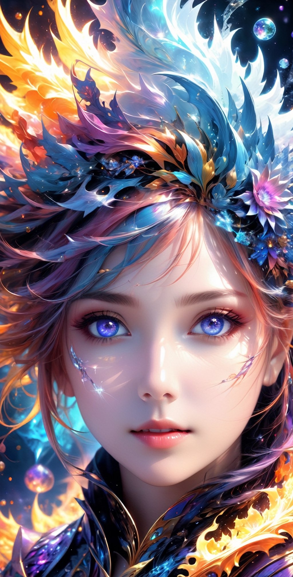 (masterpiece, top quality, best quality, official art, beautiful and aesthetic:1.2), (1girl), extreme detailed,(abstract, fractal art:1.3),colorful hair,highest detailed, detailed_eyes, fire, water,flower, ice, lightning, light_particles, ghost,more detail XL