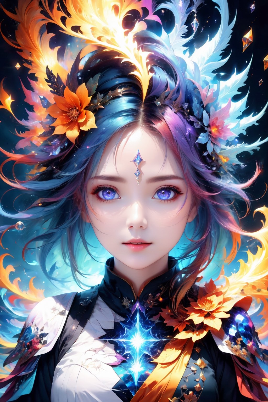 (masterpiece, top quality, best quality, official art, beautiful and aesthetic:1.2), (1girl), extreme detailed,(abstract, fractal art:1.3),colorful hair,highest detailed, detailed_eyes, fire, water,flower, ice, lightning, light_particles, ghost,more detail XL