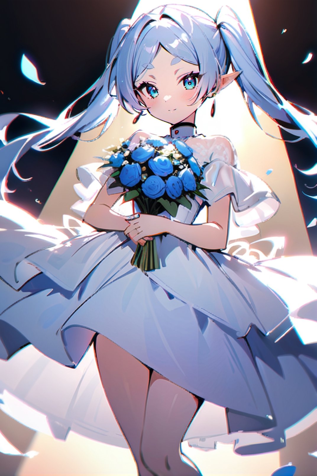 Frieren, pigtails hair, wedding dress, blue flowers, holographic lights