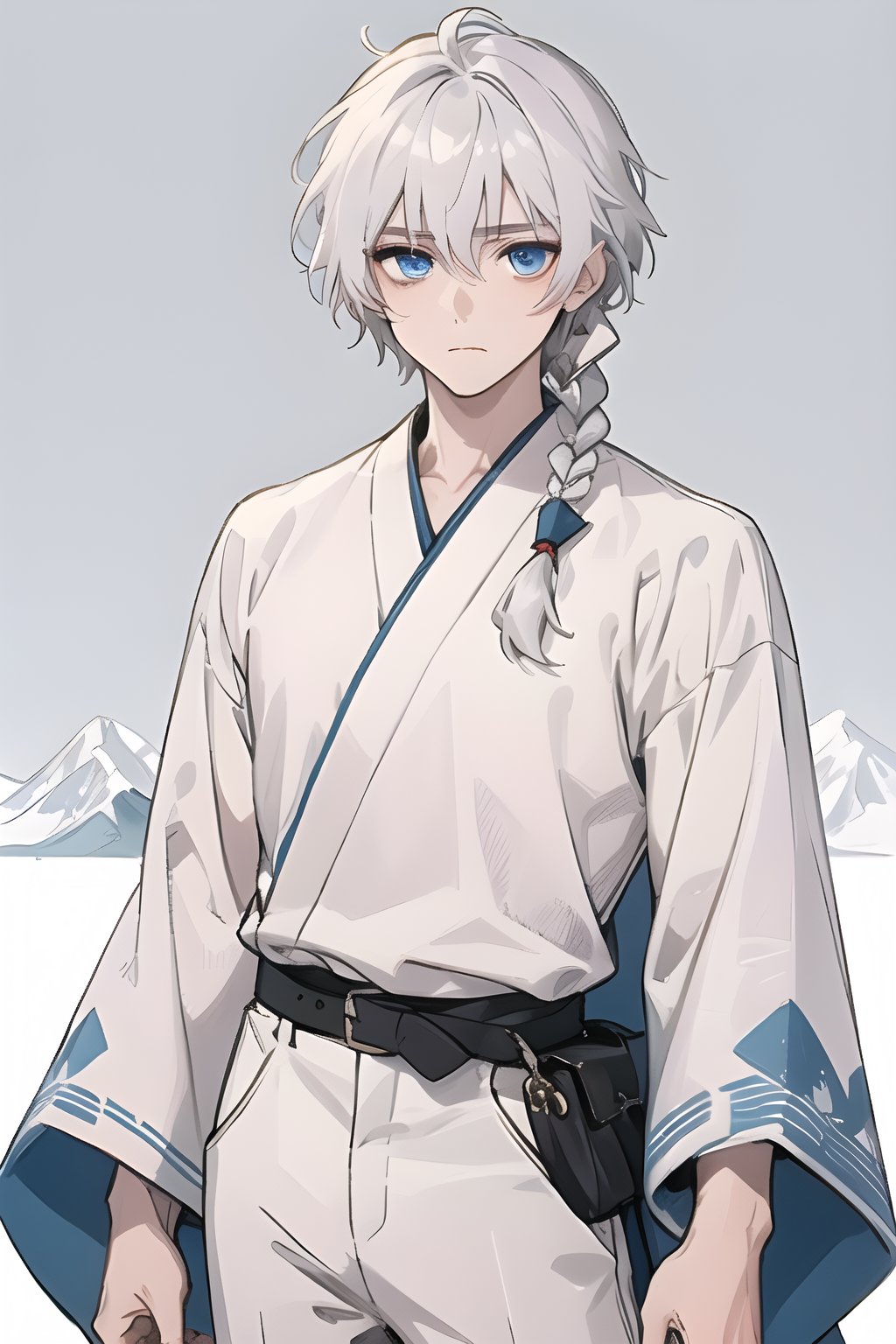 fohl_fayon, short hair, white hair, braid in hair, blue eyes, white pants, White combat kimono, boy, neutral expression, muscles, (background mountain)