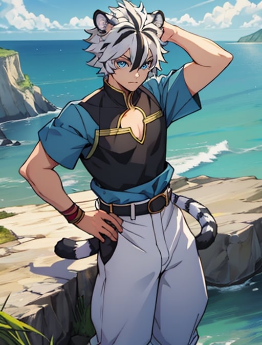 best quality, masterpiece, highres, detailed, digital illustration, , FohlFayon, tiger boy, tiger tail, two-toned hair, white hair, black hair, tiger ears, jojo pose, , short hair, blue eyes, blue pants, blue shirt, ocean, cliffs, grass,