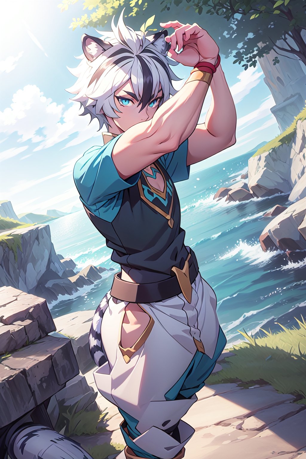 best quality, masterpiece, highres, detailed, digital illustration, , FohlFayon, tiger boy, tiger tail, two-toned hair, white hair, black hair, tiger ears, jojo pose, , short hair, blue eyes, blue pants, blue shirt, ocean, cliffs, grass,FohlFayon, (Boy),ANIME 