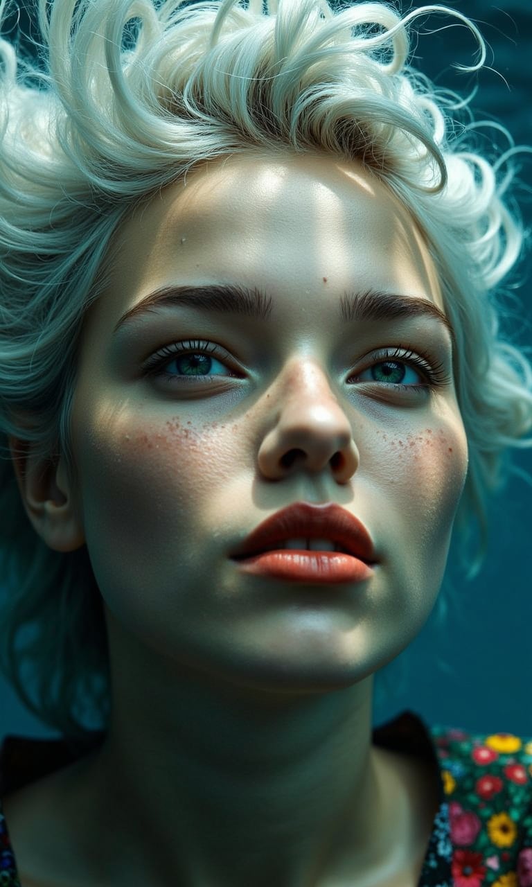 a super close up photo of a gorgeous female face floating underwater. her silver hair floating around and behind her creating a sense of movement. Rich green eyes that screams sensuality. Sombre thin lips that skewed into a perpatual pout, adding more to her vixen-like looks. subtle freckles on her nose and cheeks, with subtle pinkish blush on her cheeks. pronounced cheekbones. long eyelashes, thick eyebrows. BREAK setting in a forest and deepblue underwater with sunlights piercing its deep blue creating a captivating light rays. Cold tone. The overall mood is melancholic, ethereal and sensual.Ink drawing of MOGLI, a charismatic girl embracing bohemian lifestyle, irises glisten like shimmering copper, lips subtly pursed, gaze directed skyward in a dreamy fashion, mane detailed with careless precision, features etched with laughter lines, radiating otherworldly charm, posture exudes liberation, capturing vivid expression of life, by Catr, detailed, vibrant, ink on textured paper, dramatic lighting, Gorgeous, beautiful, multicolored hair, blue eyes, excentic, Ben Bauchau, Michael Garmash, Daniel F Gerhartz, Clint Cearley, Carne Griffiths, Jean Baptiste Monge, strybk style, warm dreamy lighting, matte background, volumetric lighting, pulp adventure style, fluid acrylic, dynamic gradients, bold color, illustration, highly detailed, simple, smooth and clean vector curves, vector art, smooth, johan grenier, character design, 3d shadowing, fanbox, cinematic, ornate motifs, elegant organic framing, hyperrealism, posterized, masterpiece collection, bright lush colors, TXAA, penumbra, alcohol paint, wet gouache, ultrarealistic, film grain, surreal, moody, ethereal fantasy, amazing depth, cinematic film still, sharp focus, (James Christensen),bohemian,Boho gypsy, Gustav Klimt, (Anne Bachelier:1.2), (Lillian Bassman, Erwin Blumenfeld),shabby chic,, 1920s retrofuturism, industrial, art deco, coherent, (Dieselpunk:1.3), sparkles,
