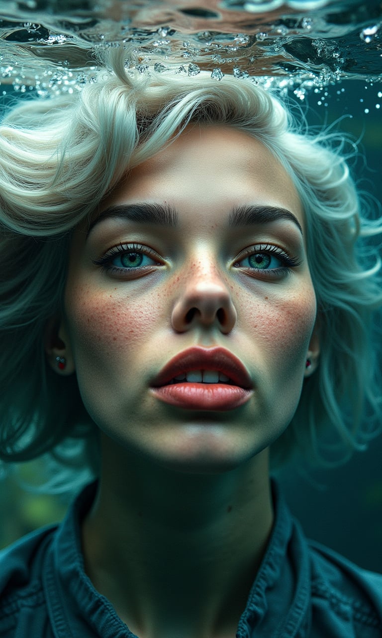 a super close up photo of a gorgeous female face floating underwater. her silver hair floating around and behind her creating a sense of movement. Rich green eyes that screams sensuality. Sombre thin lips that skewed into a perpatual pout, adding more to her vixen-like looks. subtle freckles on her nose and cheeks, with subtle pinkish blush on her cheeks. pronounced cheekbones. long eyelashes, thick eyebrows. BREAK setting in a forest and deepblue underwater with sunlights piercing its deep blue creating a captivating light rays. Cold tone. The overall mood is melancholic, ethereal and sensual.Ink drawing of MOGLI, a charismatic girl embracing bohemian lifestyle, irises glisten like shimmering copper, lips subtly pursed, gaze directed skyward in a dreamy fashion, mane detailed with careless precision, features etched with laughter lines, radiating otherworldly charm, posture exudes liberation, capturing vivid expression of life, by Catr, detailed, vibrant, ink on textured paper, dramatic lighting, Gorgeous, beautiful, multicolored hair, blue eyes, excentic, Ben Bauchau, Michael Garmash, Daniel F Gerhartz, Clint Cearley, Carne Griffiths, Jean Baptiste Monge, strybk style, warm dreamy lighting, matte background, volumetric lighting, pulp adventure style, fluid acrylic, dynamic gradients, bold color, illustration, highly detailed, simple, smooth and clean vector curves, vector art, smooth, johan grenier, character design, 3d shadowing, fanbox, cinematic, ornate motifs, elegant organic framing, hyperrealism, posterized, masterpiece collection, bright lush colors, TXAA, penumbra, alcohol paint, wet gouache, ultrarealistic, film grain, surreal, moody, ethereal fantasy, amazing depth, cinematic film still, sharp focus, (James Christensen),bohemian,Boho gypsy, Gustav Klimt, (Anne Bachelier:1.2), (Lillian Bassman, Erwin Blumenfeld),shabby chic,, 1920s retrofuturism, industrial, art deco, coherent, (Dieselpunk:1.3), sparkles,
