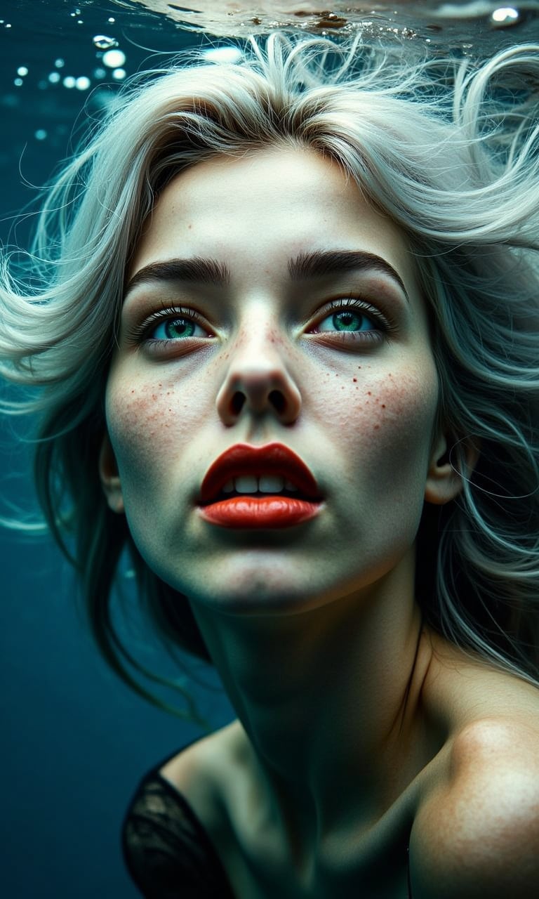 a super close up photo of a gorgeous female face floating underwater. her silver hair floating around and behind her creating a sense of movement. Rich green eyes that screams sensuality. Sombre thin lips that skewed into a perpatual pout, adding more to her vixen-like looks. subtle freckles on her nose and cheeks, with subtle pinkish blush on her cheeks. pronounced cheekbones. long eyelashes, thick eyebrows. BREAK setting in a forest and deepblue underwater with sunlights piercing its deep blue creating a captivating light rays. Cold tone. The overall mood is melancholic, ethereal and sensual.Ink drawing of MOGLI, a charismatic girl embracing bohemian lifestyle, irises glisten like shimmering copper, lips subtly pursed, gaze directed skyward in a dreamy fashion, mane detailed with careless precision, features etched with laughter lines, radiating otherworldly charm, posture exudes liberation, capturing vivid expression of life, by Catr, detailed, vibrant, ink on textured paper, dramatic lighting, Gorgeous, beautiful, multicolored hair, blue eyes, excentic, Ben Bauchau, Michael Garmash, Daniel F Gerhartz, Clint Cearley, Carne Griffiths, Jean Baptiste Monge, strybk style, warm dreamy lighting, matte background, volumetric lighting, pulp adventure style, fluid acrylic, dynamic gradients, bold color, illustration, highly detailed, simple, smooth and clean vector curves, vector art, smooth, johan grenier, character design, 3d shadowing, fanbox, cinematic, ornate motifs, elegant organic framing, hyperrealism, posterized, masterpiece collection, bright lush colors, TXAA, penumbra, alcohol paint, wet gouache, ultrarealistic, film grain, surreal, moody, ethereal fantasy, amazing depth, cinematic film still, sharp focus, (James Christensen),bohemian,Boho gypsy, Gustav Klimt, (Anne Bachelier:1.2), (Lillian Bassman, Erwin Blumenfeld),shabby chic,, 1920s retrofuturism, industrial, art deco, coherent, (Dieselpunk:1.3), sparkles,
