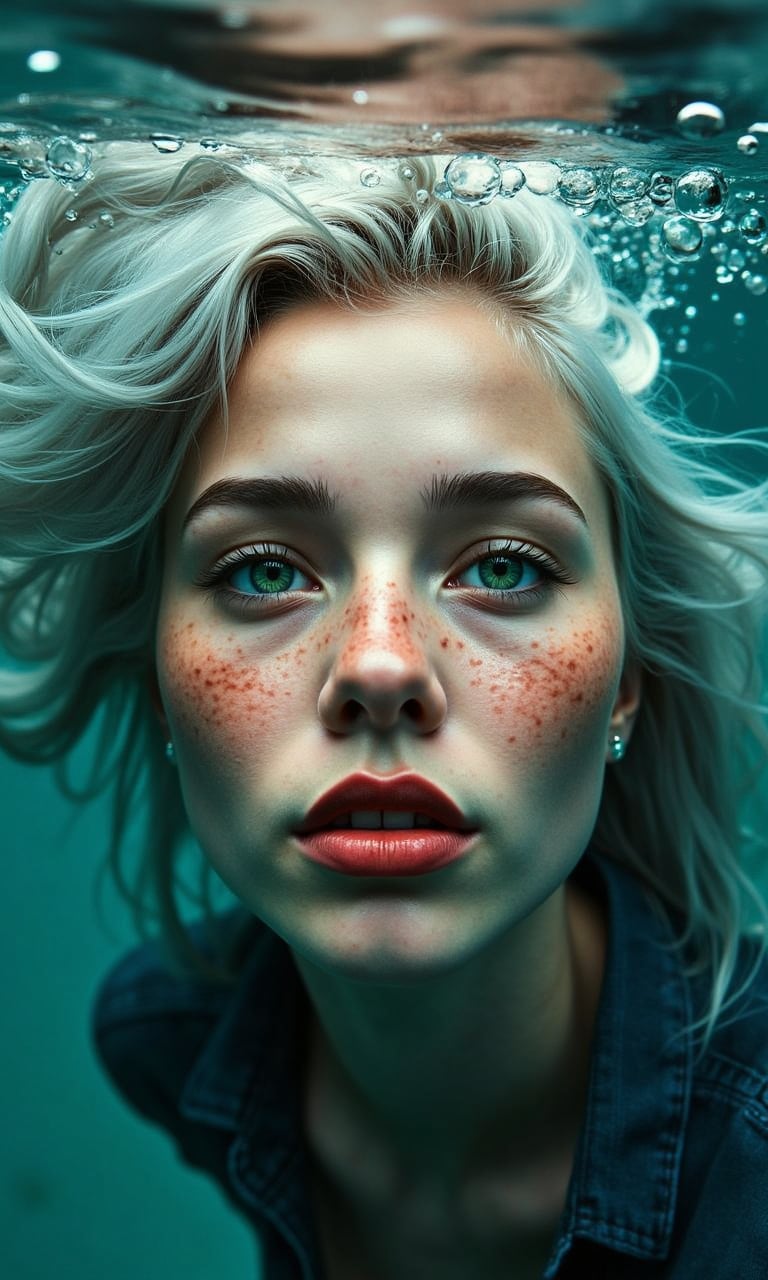 a super close up photo of a gorgeous female face floating underwater. her silver hair floating around and behind her creating a sense of movement. Rich green eyes that screams sensuality. Sombre thin lips that skewed into a perpatual pout, adding more to her vixen-like looks. subtle freckles on her nose and cheeks, with subtle pinkish blush on her cheeks. pronounced cheekbones. long eyelashes, thick eyebrows. BREAK setting in a forest and deepblue underwater with sunlights piercing its deep blue creating a captivating light rays. Cold tone. The overall mood is melancholic, ethereal and sensual.Ink drawing of MOGLI, a charismatic girl embracing bohemian lifestyle, irises glisten like shimmering copper, lips subtly pursed, gaze directed skyward in a dreamy fashion, mane detailed with careless precision, features etched with laughter lines, radiating otherworldly charm, posture exudes liberation, capturing vivid expression of life, by Catr, detailed, vibrant, ink on textured paper, dramatic lighting, Gorgeous, beautiful, multicolored hair, blue eyes, excentic, Ben Bauchau, Michael Garmash, Daniel F Gerhartz, Clint Cearley, Carne Griffiths, Jean Baptiste Monge, strybk style, warm dreamy lighting, matte background, volumetric lighting, pulp adventure style, fluid acrylic, dynamic gradients, bold color, illustration, highly detailed, simple, smooth and clean vector curves, vector art, smooth, johan grenier, character design, 3d shadowing, fanbox, cinematic, ornate motifs, elegant organic framing, hyperrealism, posterized, masterpiece collection, bright lush colors, TXAA, penumbra, alcohol paint, wet gouache, ultrarealistic, film grain, surreal, moody, ethereal fantasy, amazing depth, cinematic film still, sharp focus, (James Christensen),bohemian,Boho gypsy, Gustav Klimt, (Anne Bachelier:1.2), (Lillian Bassman, Erwin Blumenfeld),shabby chic,, 1920s retrofuturism, industrial, art deco, coherent, (Dieselpunk:1.3), sparkles,
