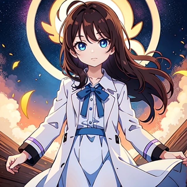 (masterpiece), high quality, 10 year old girl, solo, anime style, long hair, dark brown hair, peaceful look, white dress, high collar trench coat, blue eyes, glowing eyes, yellow aura