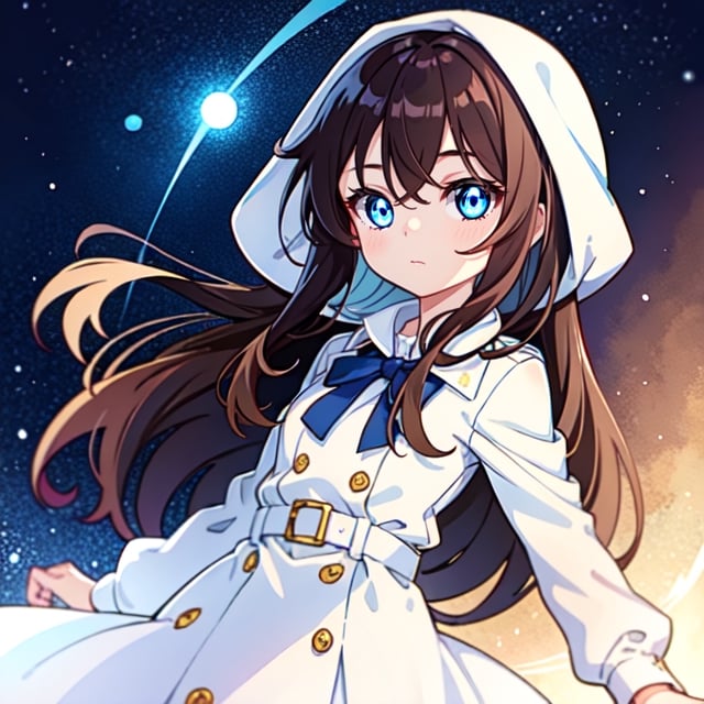 (masterpiece), high quality, 10 year old girl, solo, anime style, long hair, dark brown hair, peaceful look, white dress, high collar trench coat, blue eyes, glowing eyes, yellow aura