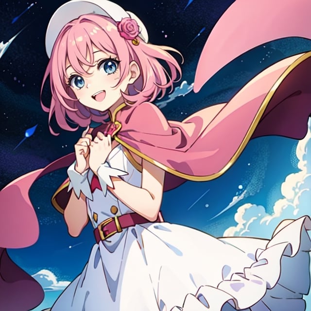 (masterpiece), high quality, 10 year old girl, solo, anime style, medium hair without cap, pink hair, happy look, white dress without details, pink cape, blue eyes, pink aura.