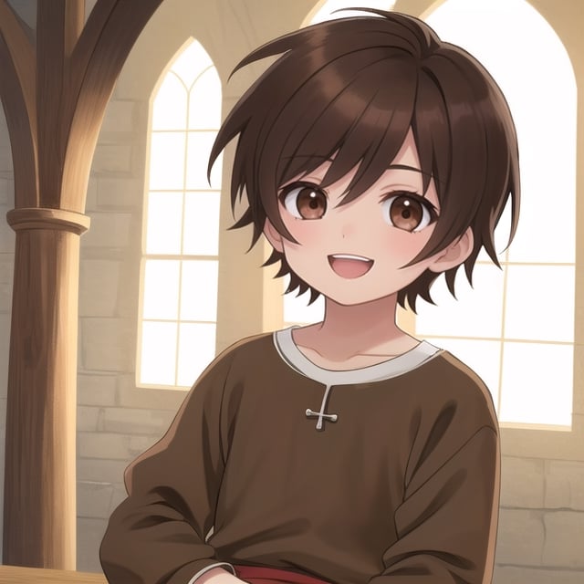 Little boy, dark brown hair, dark brown eyes, happy, medieval clothes, anime style.