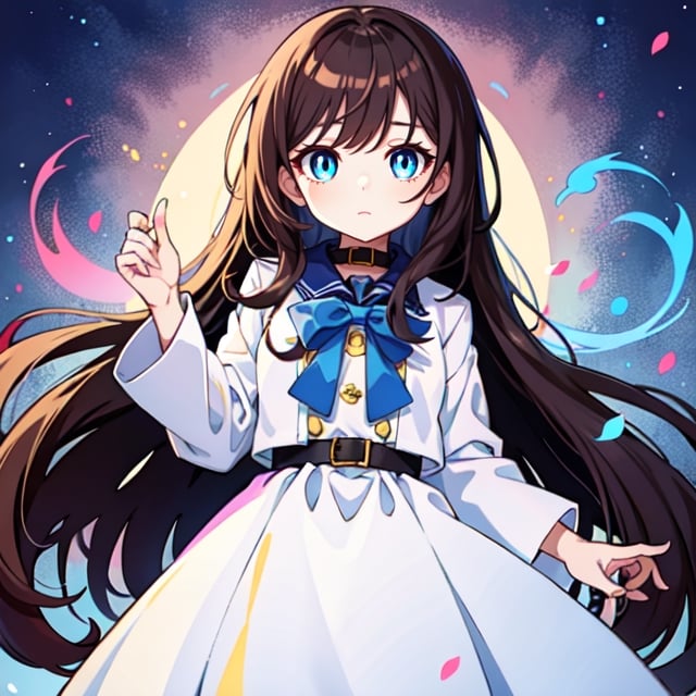 (masterpiece), high quality, 10 year old girl, solo, anime style, long hair, dark brown hair, peaceful look, white dress, high collar trench coat, blue eyes, glowing eyes, yellow aura