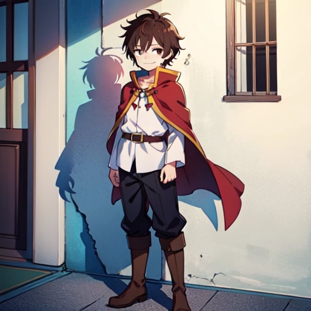 (masterpiece), high quality, 10 year old boy, solo, anime style, short hair, dark brown hair, calm look, little smiling, white villager shirt, gray sleeves, red cape with white, black pants, brown boots, brown eyes dark, standing,SHADOW