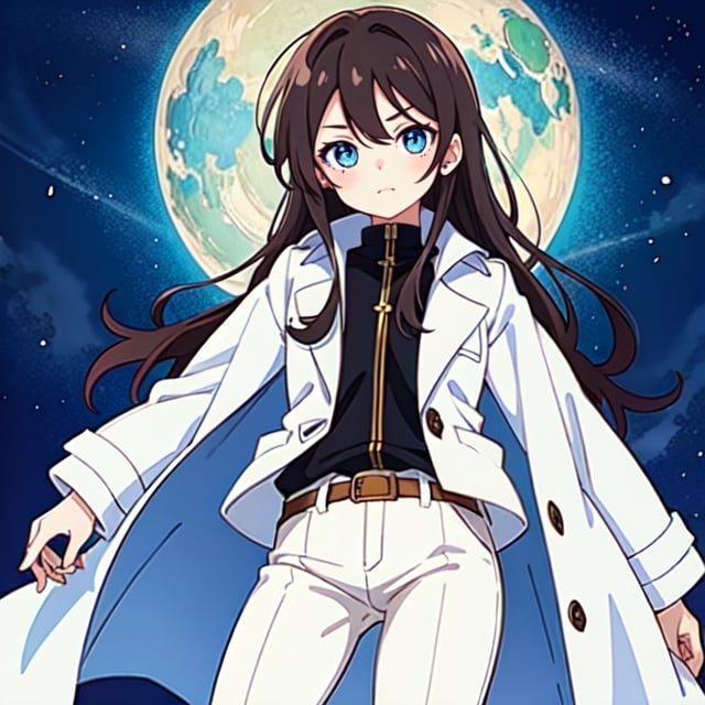 (masterpiece), high quality, 10 year old girl, solo, anime style, long hair, dark brown hair, peaceful look, white coat, high collar trench coat, white pants, blue eyes, bright eyes, yellow aura