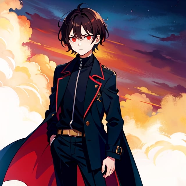 (masterpiece), high quality, 10 year old boy, solo, anime style, short hair, dark brown hair,  serious look, black coat, high-neck trench coat, black pants, red eyes, glowing eyes, red aura.