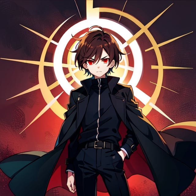 (masterpiece), high quality, 10 year old boy, solo, anime style, short hair, dark brown hair,  serious look, black coat, high-neck trench coat, black pants, red eyes, glowing eyes, red aura.