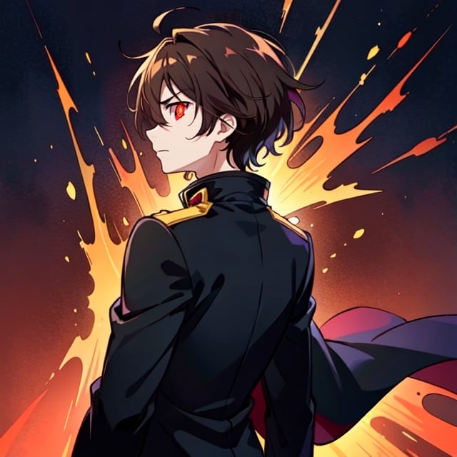 (masterpiece), high quality, 10 year old boy, solo, anime style, profile photo, looking front, only face, short hair, dark brown hair,  serious look, black coat, high-neck trench coat, black pants, red eyes, glowing eyes, red aura.